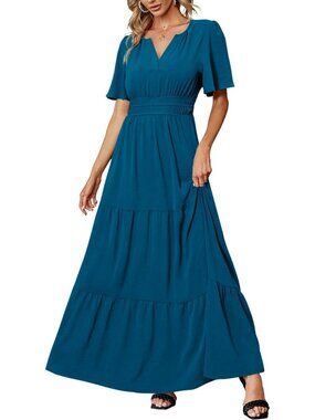 Elegant V Neck Maxi Dress for Women - Short Sleeve Formal Wedding Guest Outfit